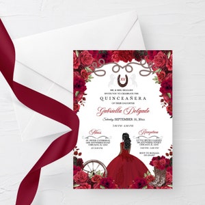 Red Roses Quinceanera Invitation: Western Cowboy Boots, Charra (Editable Template)