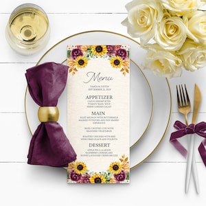 Modèle MODIFIABLE, Menu de mariage d’automne de tournesol, Menu de mariage, Modèle de menu de mariage imprimable, Fleurs à l’aquarelle, Imprimable, Corjl