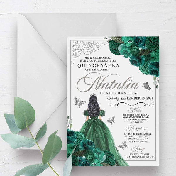 EDITABLE Invitation, Emerald Green & Silver Floral Quinceanera Invitation, Birthday Invite, Mis Quince, Printable, Template, Corjl
