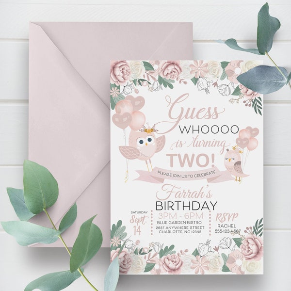 EDITABLE Invitation, Pink Owl Birthday Invitation, Owl, Pink Floral Invite, Printable Birthday Invitation Template, Corjl