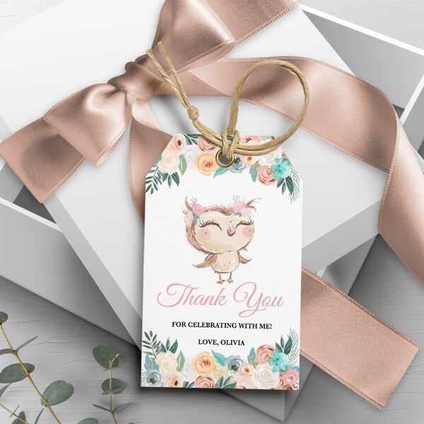 Owl Favor Tag, Gift Tag, Printable Favor, Template, Birthday, Cute Owl, Peach Floral, Watercolor, Corjl