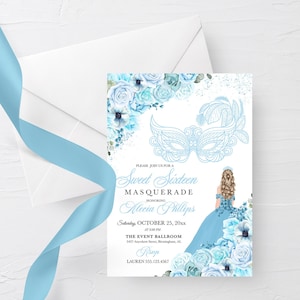 Floral Masquerade Sweet Sixteen Invitation: Sky Blue, Editable Template