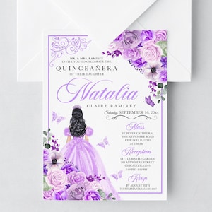 EDITABLE Invitation, Elegant Lilac Purple Floral Quinceanera Invitation, Birthday Invite, Mis Quince, Printable, Template, Corjl