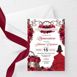 Red Roses Quinceanera Invitation: Western Cowboy Boots, Charra (Editable Template)