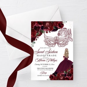 EDITABLE Invitation, Burgundy Floral Sweet Sixteen Masquerade Invitation, Birthday Invite, Sweet 16, Printable, Template, Corjl