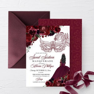 EDITABLE Invitation, Burgundy Floral Sweet Sixteen Masquerade Invitation, Birthday Invite, Sweet 16, Printable, Template, Corjl