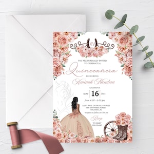 Rose Gold Quinceanera Invitation: Cowboy Boots, Floral (Editable Template)