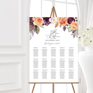 Plantilla EDITABLE, Tabla de asientos de boda de melocotón y púrpura, Plantilla de boda imprimible, Flores de acuarela, Tabla de asientos, Imprimible, Corjl