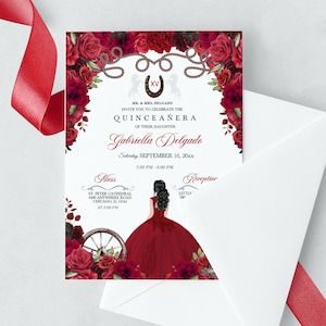 Red Roses Quinceanera Invitation: Western Cowboy Boots, Charra (Editable Template)