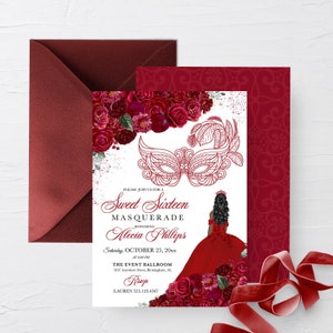 EDITABLE Invitation, Red Floral Sweet Sixteen Masquerade Invitation, Birthday Invite, Sweet 16, Printable, Template, Corjl