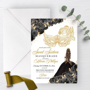 Invitación floral de mascarada en negro y dorado para quinceañeras (plantilla editable)