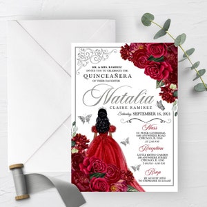Red Floral Quinceanera Invitation: Elegant Editable Template (Corjl)