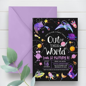 May include: Purple and black birthday party invitation with a space theme. The invitation says "Join us for a party that's Out of This World. Leah is turning 8!" with a date and time for the party. The invitation has a colourful illustration of planets, stars, rockets, and aliens.