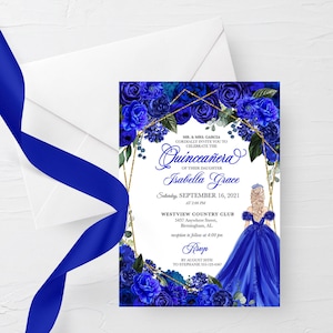 Puede incluir: Invitaci&oacute;n a Quincea&ntilde;era azul y dorada con borde floral y silueta de una ni&ntilde;a con un vestido azul. El texto dice "MR. & MRS. GARCIA CORDIALLY INVITE YOU TO CELEBRATE THE Quincea&ntilde;era OF THEIR DAUGHTER Isabella Grace Saturday, SEPTEMBER 16, 2021 AT 2:00 PM WESTVIEW COUNTRY CLUB 5437 Anywhere Street, Birmingham, AL reception to follow at 4:00 pm RSVP BY AUGUST 20TH TO STEPHANIE 555-123-4567"