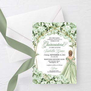 Elegante plantilla de invitación floral verde salvia para quinceañera (editable e imprimible)