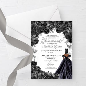 EDITABLE Invitation, Elegant Black and Silver Quinceanera Invitation, Birthday Invite, Mis Quince, Printable, Template, Corjl