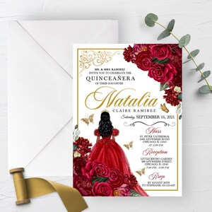 Red and Gold Floral Quinceanera Invitation Template (Editable, Printable)