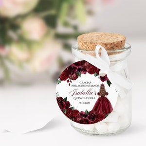 Burgundy Floral Quinceanera Favor Tag: Elegant Printable Label (Editable Template)
