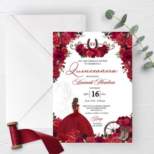 Invitación EDITABLE, Invitación de Quinceañera de Botas Vaqueras del Oeste de Rosas Rojas, Charra, Fiesta, Cumpleaños, Mis Quince, Imprimible, Plantilla, Corjl