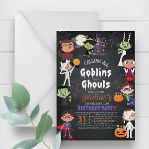 May include: A black and white Halloween party invitation with a chalkboard background. The invitation features a variety of cartoon characters dressed in Halloween costumes, including a werewolf, a witch, a mummy, a Frankenstein, a vampire, and a superhero. The text on the invitation reads "Calling All Goblins and Ghouls Join Us For Jordan's Spooktacular Birthday Party Saturday October 31 From 12:30-2:30 PM Jordan's House 3346 Anywhere Street Houston, TX 12345 Please RSVP to Kate at 555.123.4567".
