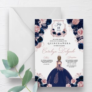 EDITABLE Invitation, Navy Blue & Blush Pink Floral Quinceanera Invitation, Birthday Invite, Mis Quince, Printable, Template, Corjl
