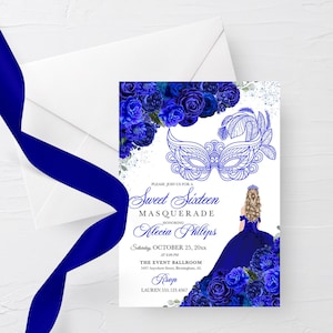 EDITABLE Invitation, Royal Blue Floral Sweet Sixteen Masquerade Invitation, Birthday Invite, Sweet 16, Printable, Template, Corjl