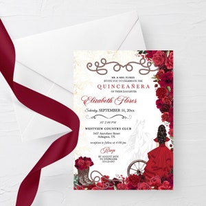 Red Roses Quinceanera Invitation: Western Charra, Cowboy Boots (Editable Template)