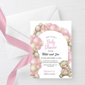 EDITABLE Invitation, Pink Teddy Bear Balloon Arch Baby Shower, Balloon Garland, We Can Bearly Wait, Template, Printable, Corjl