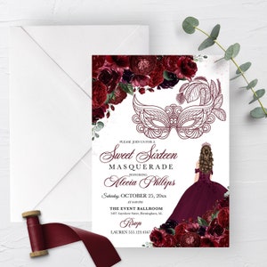 EDITABLE Invitation, Burgundy Floral Sweet Sixteen Masquerade Invitation, Birthday Invite, Sweet 16, Printable, Template, Corjl