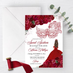 EDITABLE Invitation, Red Floral Sweet Sixteen Masquerade Invitation, Birthday Invite, Sweet 16, Printable, Template, Corjl