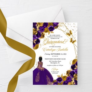 EDITABLE Invitation, Purple & Gold Floral Quinceanera Invitation, Birthday Invite, Mis Quince, Printable, Template, Corjl