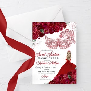 EDITABLE Invitation, Red Floral Sweet Sixteen Masquerade Invitation, Birthday Invite, Sweet 16, Printable, Template, Corjl