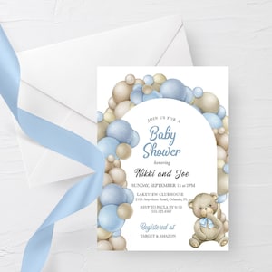 Invitation MODIFIABLE, Blue Teddy Bear Balloon Arch Baby Shower, Guirlande de ballons, Nous pouvons attendre tôt, Modèle, Imprimable, Corjl