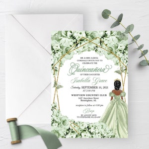 Elegante invitación floral verde salvia para quinceañera (plantilla editable)