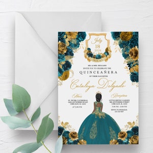 EDITIERBARE Einladung, Teal & Gold Floral Quinceanera Einladung, Geburtstag einladen, Mis Quince, printable, Vorlage, Corjl