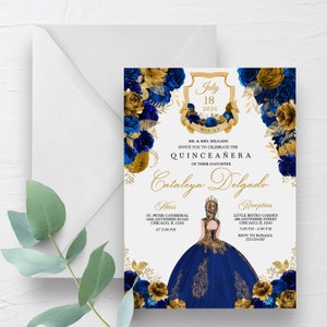 EDITABLE Invitation, Royal Blue & Gold Floral Quinceanera Invitation, Birthday Invite, Mis Quince, Printable, Template, Corjl