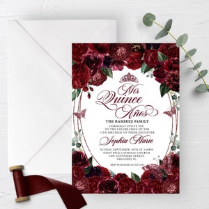 EDITABLE Invitation, Elegant Burgundy Floral Quinceanera Invitation, Birthday Invite, Mis Quince, Printable, Template, Corjl