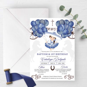 EDITABLE Invitation, Navy Blue & Silver Baby Charra Baptism Birthday Invitation, Mexican, Fiesta, Bautizo, Printable, Template, Corjl