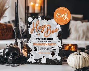 Puede incluir: Una invitación a una fiesta de Halloween en blanco y negro con un fondo negro y fantasmas blancos. El texto dice "Hey Boo! You're invited to a Spooktacular Halloween Party. Oct 31, 660 Haunted Ave, Boston MA 12345, 7pm. Costumes encouraged."