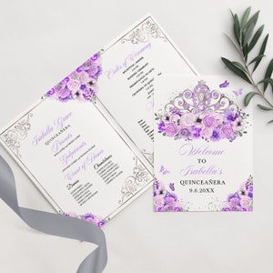 EDITABLE Program Template, Lilac Purple & Silver Tiara Princess Quinceanera Program, Mis Quince, 5x7 Bi-Fold Program, Template, Corjl