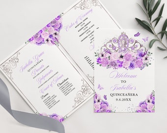 EDITABLE Program Template, Lilac Purple & Silver Tiara Princess Quinceanera Program, Mis Quince, 5x7 Bi-Fold Program, Template, Corjl