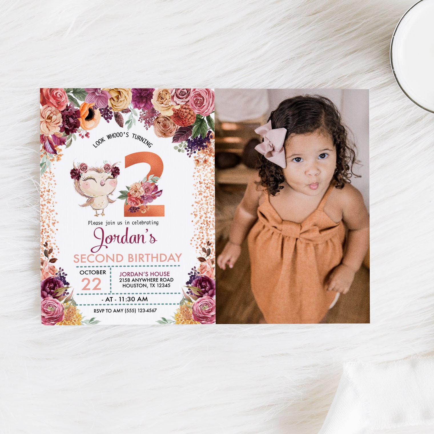 Autumn Owl Birthday Photo Invitation: Editable Floral Template (Corjl)