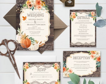 EDITABLE Invitation, Rustic Wood Lace Wedding Invitation Bundle, Autumn, Printable, Wedding Invitation, Fall, Autumn, Invitation, Corjl