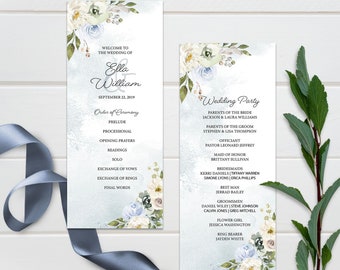 EDITABLE Template, Rustic Blue Floral Wedding Program, Printable Wedding Program, Template, Watercolor Florals, Printable,  Corjl