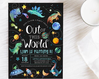 Dinosaur Outer Space Birthday Invitation: Galaxy Theme (Editable Template)