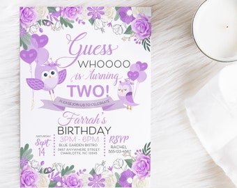 EDITABLE Invitation, Purple Owl Birthday Invitation, Owl, Purple Floral Invite, Printable Birthday Invitation Template, Corjl