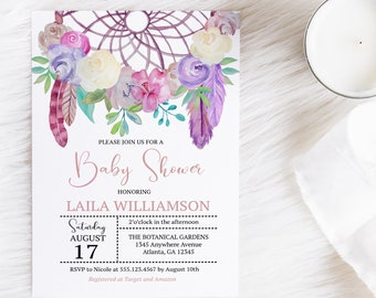 Boho Traumfänger Baby Shower Einladung: Bearbeitbare Vorlage (Corjl)