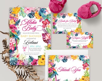 Invitación para baby shower Aloha: Luau tropical, Chica hula (Plantilla editable)