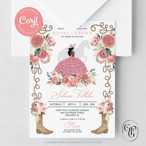 Pink Western Mariachi Charro Cowgirl Quinceanera Invitation, Fiesta, Birthday, Mis Quince, Printable, Template, Corjl