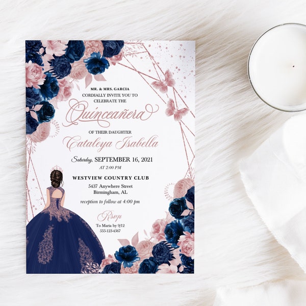 EDITABLE Invitation, Navy Blue & Blush Pink Floral Quinceanera Invitation, Birthday Invite, Mis Quince, Printable, Template, Corjl
